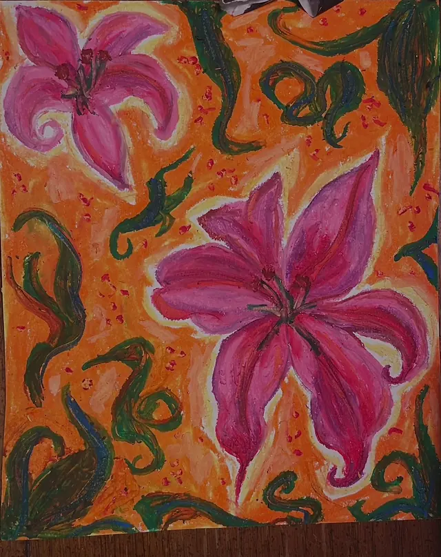 Oil pastel drawing of two pink lilies with curling green leaves on a bright orange background