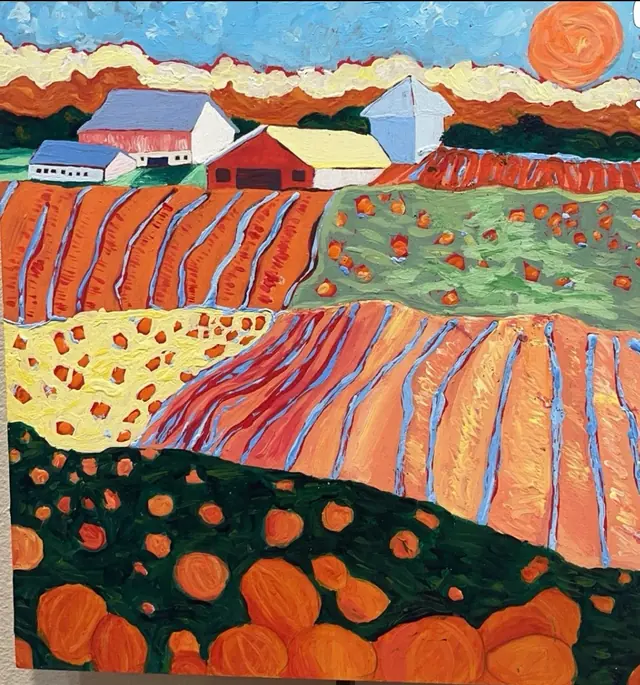 Bold painting of a farm with red barns, striped orange fields and rows of pumpkins under a round orange sun